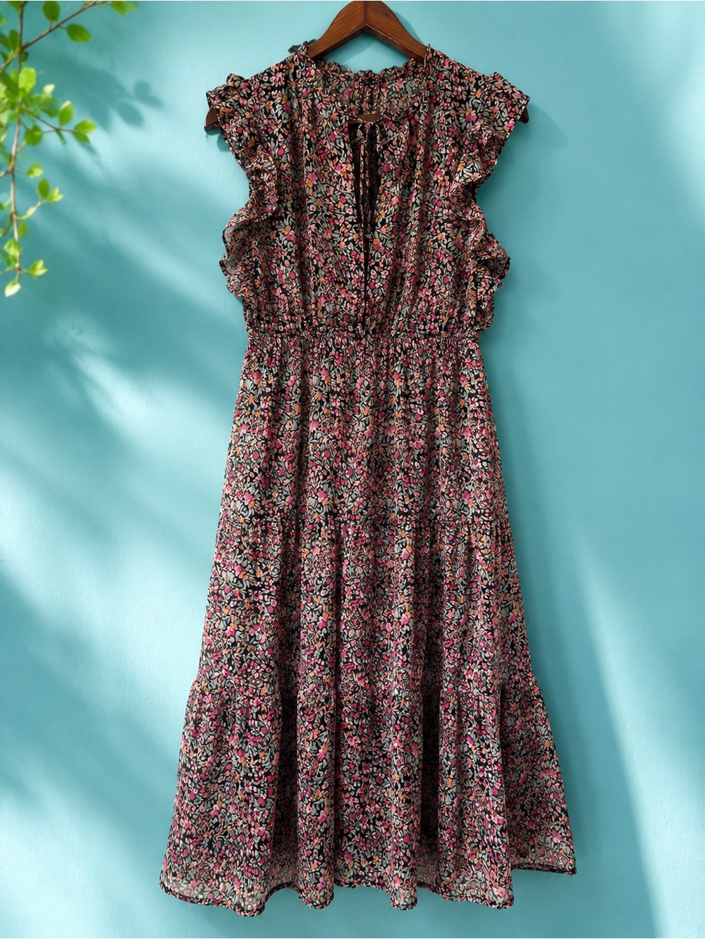 BB Dakota Steve Madden Floral Ruffle Midi Dress Black Pink Boho Romantic M